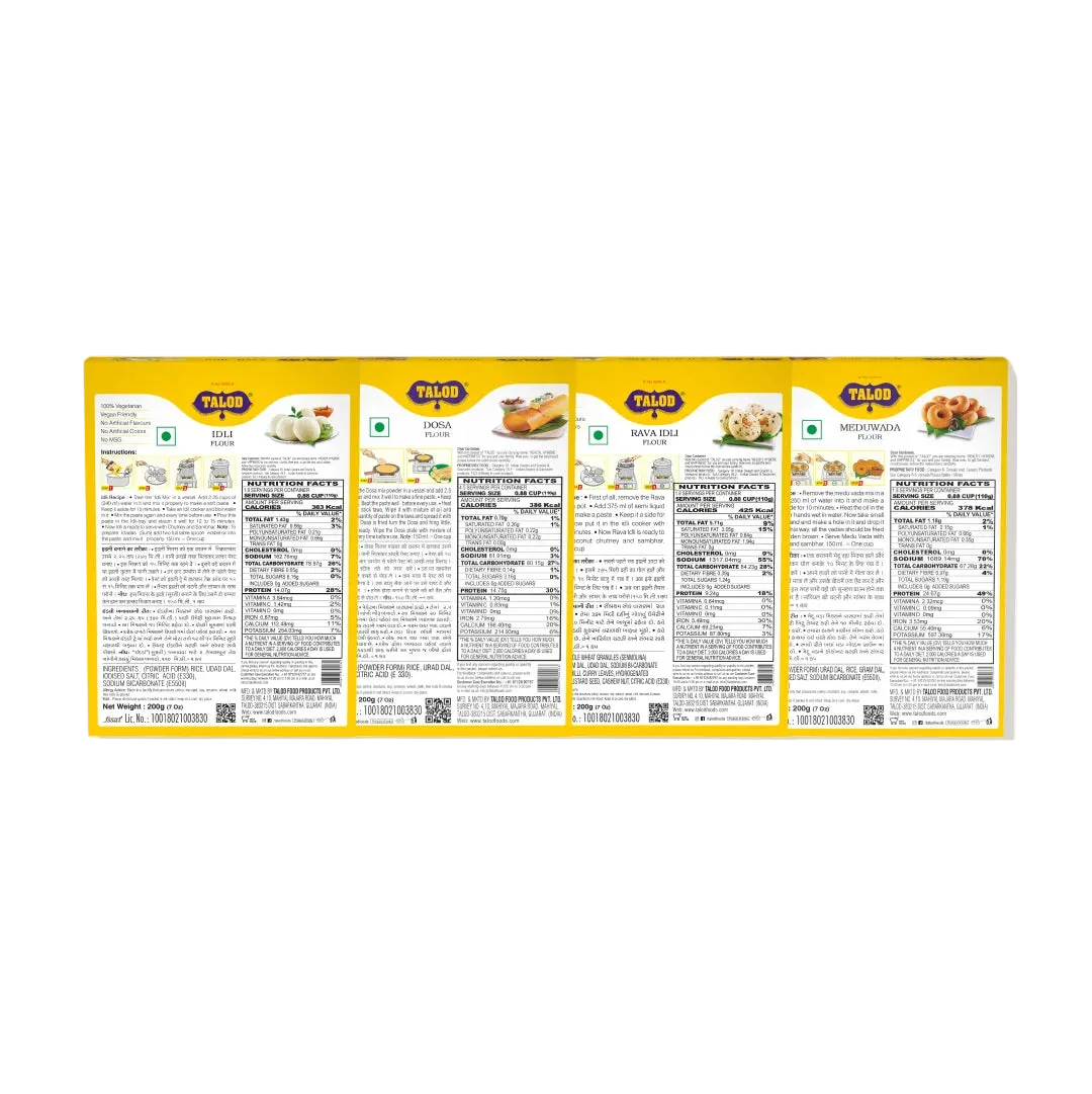 South Indian Instant Mix Food Combo | Rice Idli, Rava Idli, Dosa, Medu Vada | 200 g * 4 pack